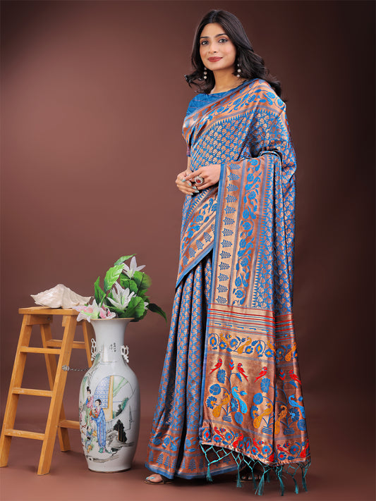 Vibrant Copper & Blue Banarasi Silk Saree with Colorful Pallu – Perfect Blend of Tradition and Festive Elegance