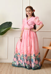 Girls Pink Lotus Print Lehenga Set with Wrap Style Blouse.??