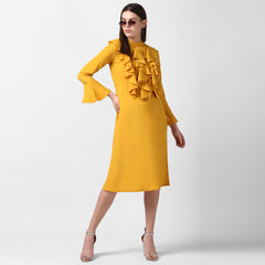Women's Yellow Front Ruffle Bell Sleeve Dress