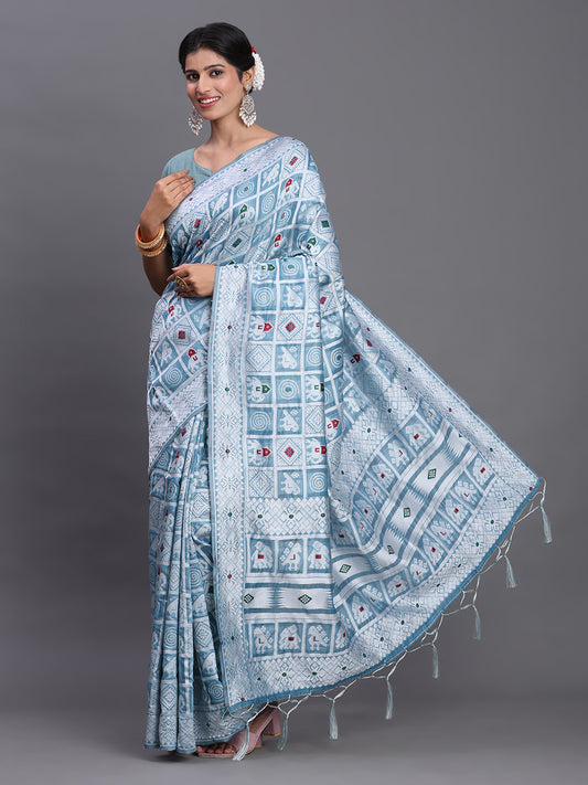 Sky Blue Linen Cotton Saree with Multicolor Elephant & Temple Motifs – Traditional Woven Pallu & Tassels