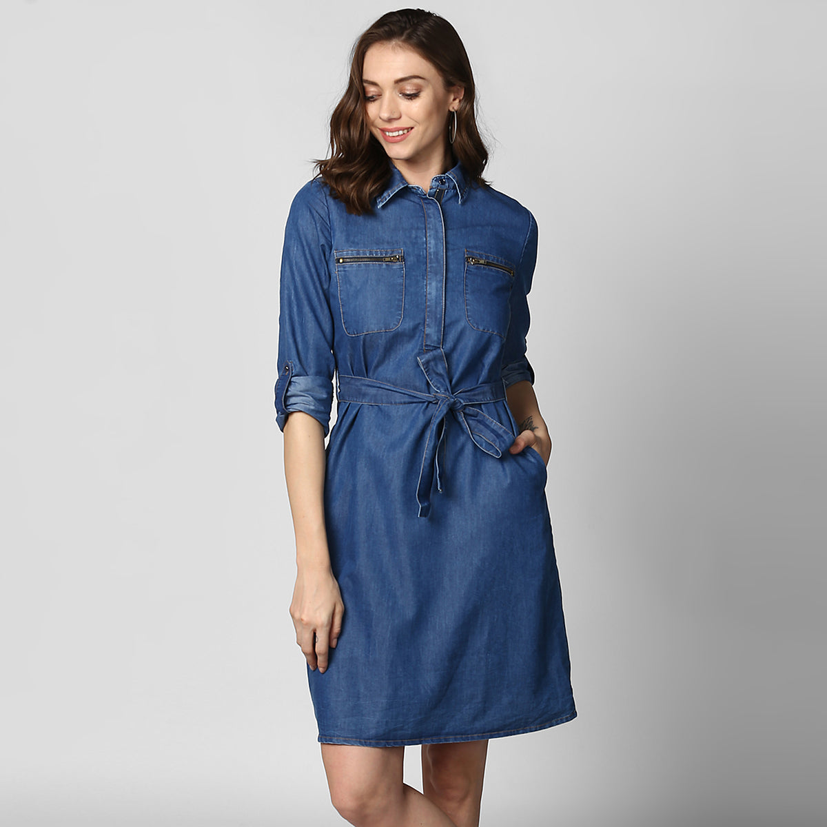 Women's Denim Double Pocket Zip Dress