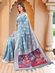 Floral Linen Cotton Saree with Zari Border & Digital Printed Pallu - Elegant Sari for Festive Occasions