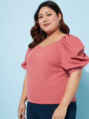 Plus Size Sweetheart Neck Puff Sleeves Casual Top