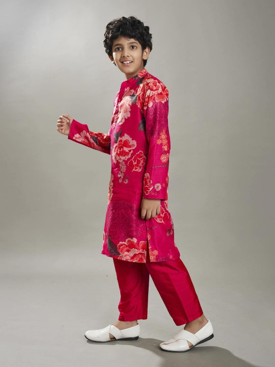 Boys Pink floral printed kurta with a Pink pajama