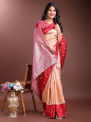 Orange & Maroon Lichi Silk Saree with Rich Zari Pallu & Tassels – Soft Festive Wear Saree for Women