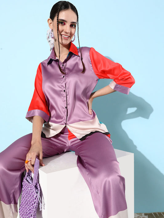 Women's Multi color Satin Shirt and Trousers Co-ord Set