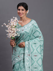 Sky Blue Linen Cotton Saree with Multicolor Elephant & Temple Motifs – Traditional Woven Pallu & Tassels