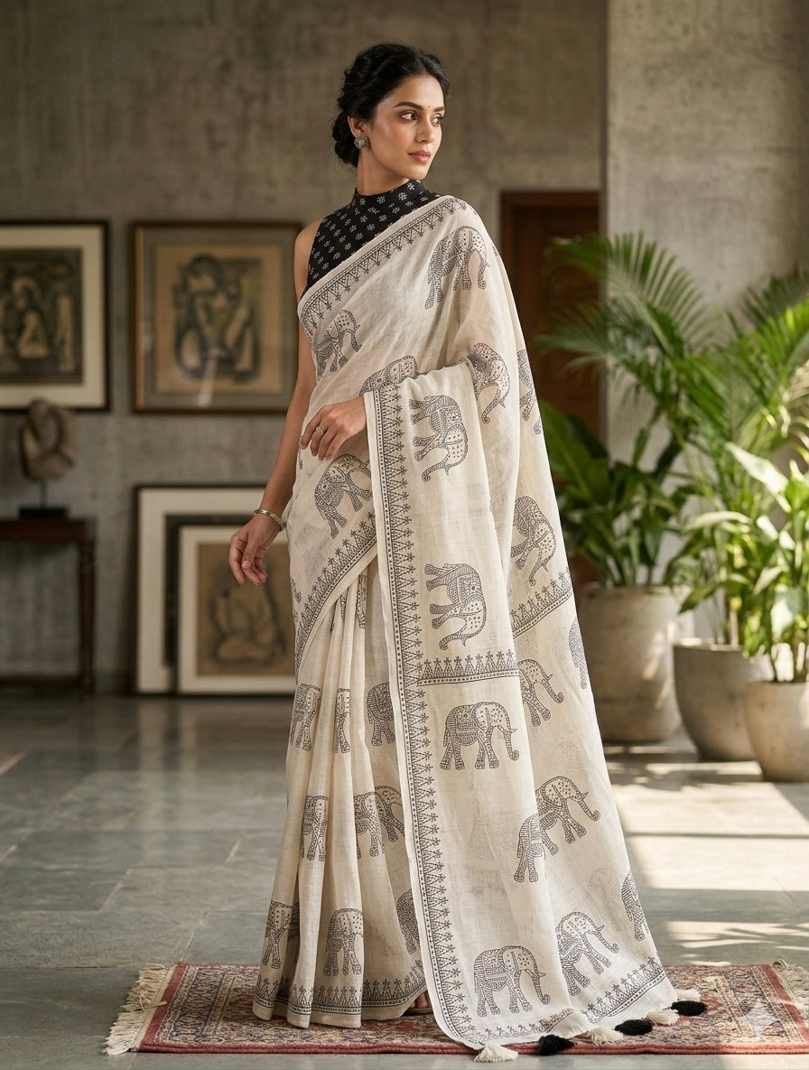 Soft linen saree with shaded style prints.