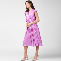 Women's Champagne Gold Satin Pleating Evening Midi Dress