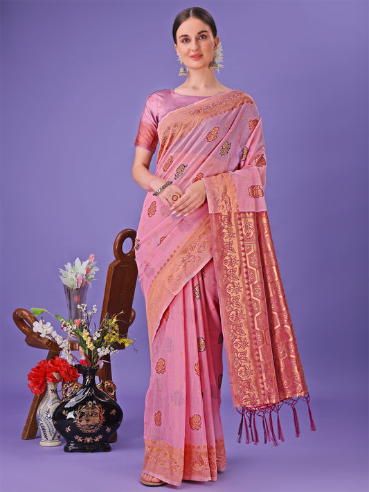 Light Pink Woven Zari Traditional Linen Cotton Saree with Rich Pallu & Unstitched Blouse – Festive & Wedding Wear Saree
