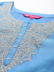 Women Blue Floral Embroidered Regular Chanderi Silk Kurta with Trousers & With Dupatta
