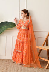 Girls Bright Orange Bandhani Printed Lehenga Choli Set with Net Dupatta