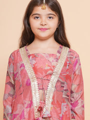 Girls Peach Floral Printed Shrug & Blouse With Ready to Wear Lehenga.