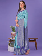Vibrant Yellow & Blue Lichi Silk Saree with Rich Woven Border and Contrast Blouse – Festive & Wedding Wear