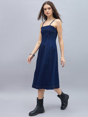 Women's Denim Midi Dress with Shoulder straps