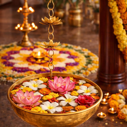 Metal Hanging Urli/Uruli Bowl (8 inch) with Chain, Petal Design, for Floating Flowers & Tealights, Entrance/Main Door & Mandir Pooja Décor