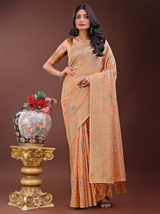 Elegant Orange Linen Cotton Saree with Floral Weave & Soft Gold Pallu – Graceful Choice for Casual, Office & Festive Looks