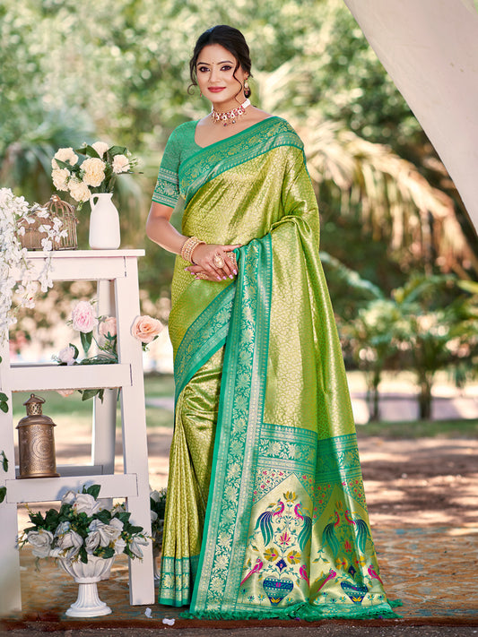 Traditional Yellow Kanjivaram Silk Saree with Rich Red Border and Peacock Pallu Design