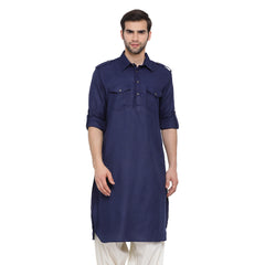 Men's Blue Cotton Blend Pathani Kurta