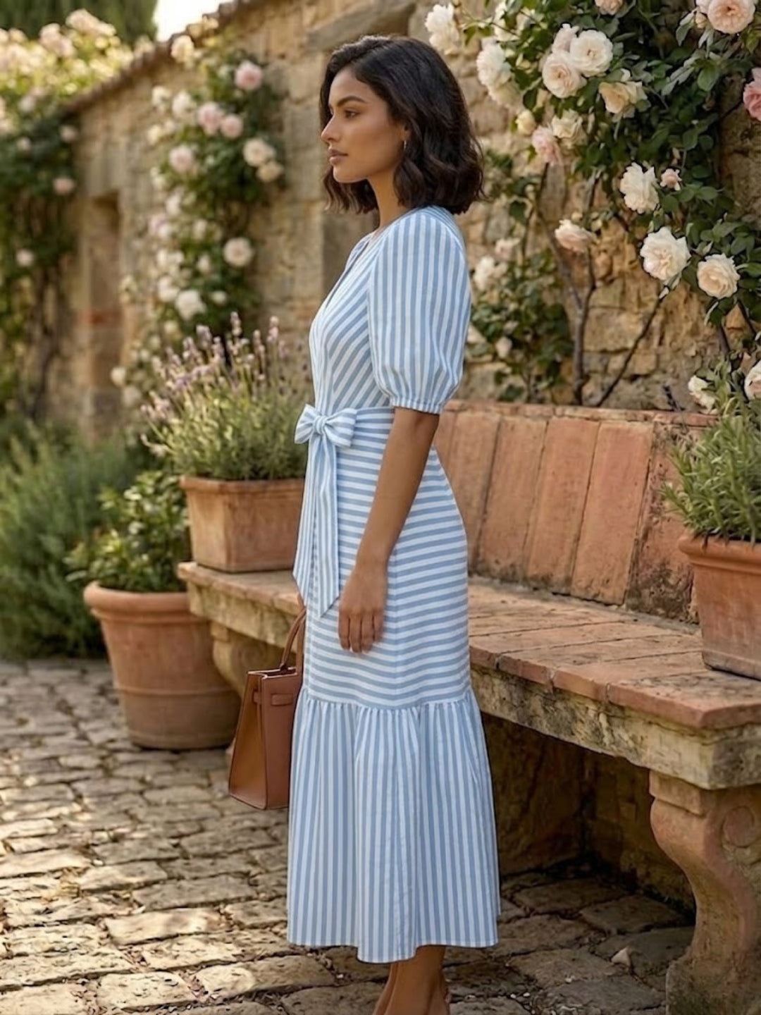 Blue Playful Stripe V-Neck Dress-ADR-22020