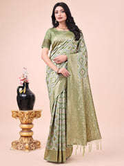 Graceful Pink Lichi Silk Saree with Contrast Blue Woven Border & Floral Zari Design – Wedding & Festive Wear