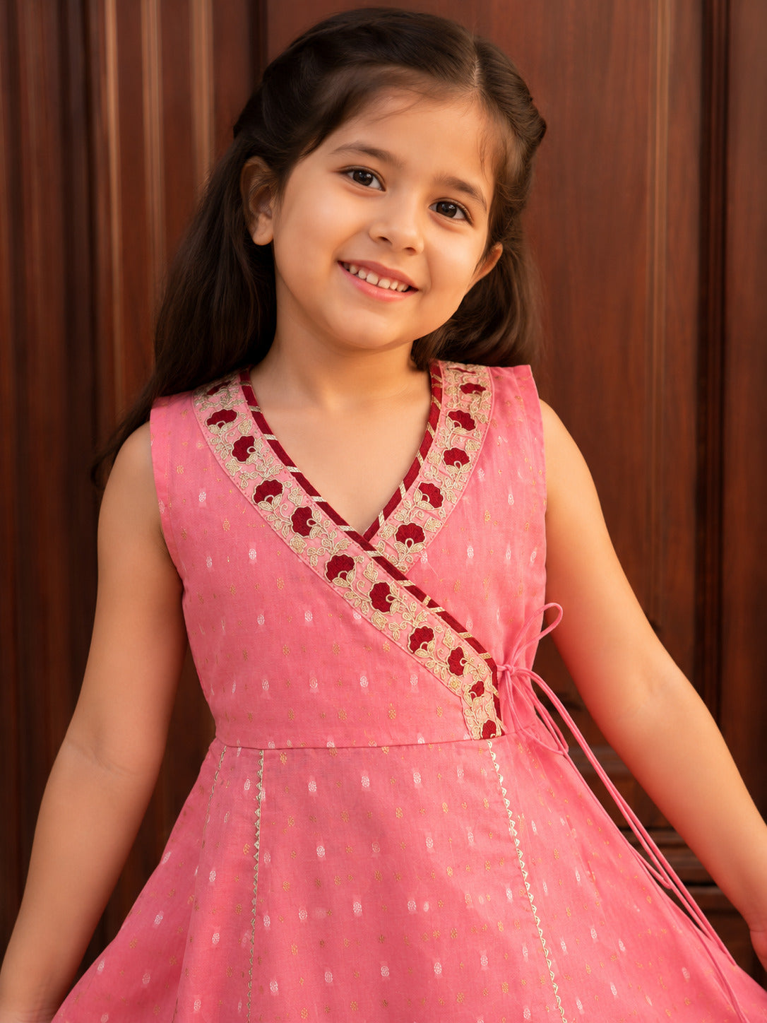 Girls Peach Kurta With White Sharara