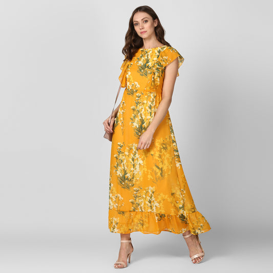 StyleStone Women's Yellow Printed Maxi Dress with Lining