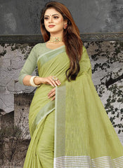 Elegant Peach Woven Linen Saree with Contrast Zari Border & Tassels – Soft & Breathable Party Wear
