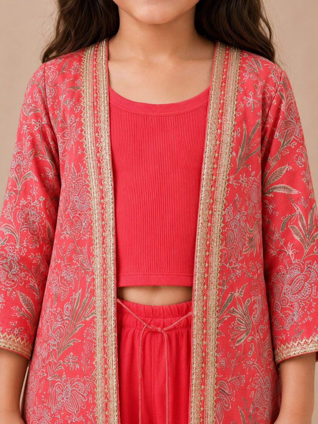 Girls Red Top With Matching Plazzo & Printed Jacket