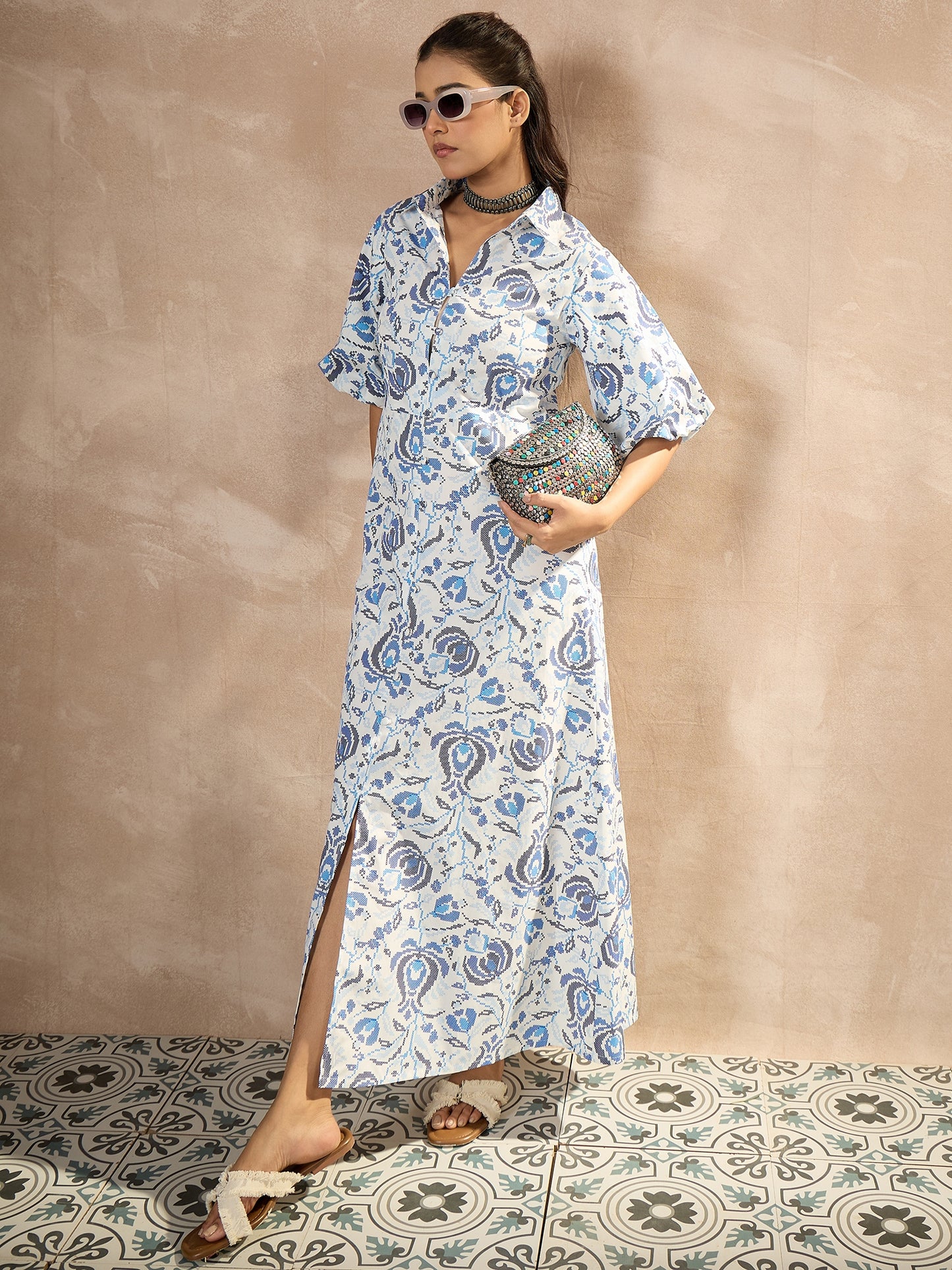 StyleStone Women's Cotton Tiered Ikkat Printed Maxi Dress