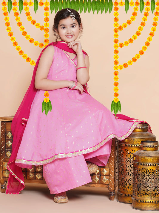 Girls Pink Ethnic motifs woven design Kurta With Sharara dupatta