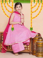 Girls Pink Ethnic motifs woven design Kurta With Sharara dupatta