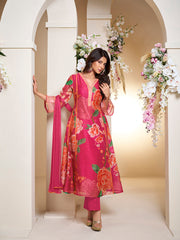 Pink Colour Floral Printed Flared Anarkali Kurta with Palazzos Dupatta.
