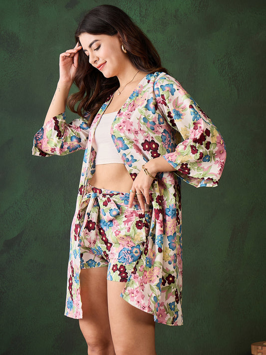 Women's Floral Printed Crepe Shrug and Shorts Set