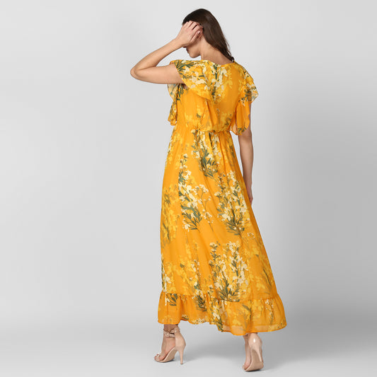 Women's Yellow Printed Maxi Dress with Lining