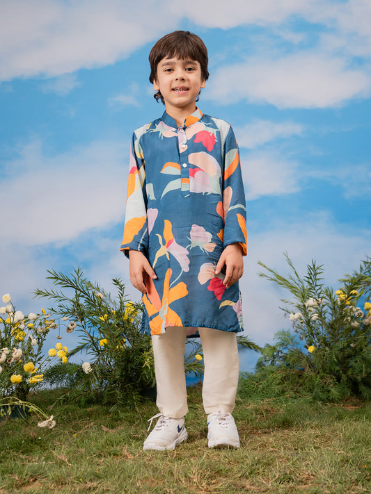 Boys' Multi Color Base Blue Kurta Pyjama Set