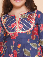 Girls Navy Blue Red Printed Anarkali Kurta & Palazzos