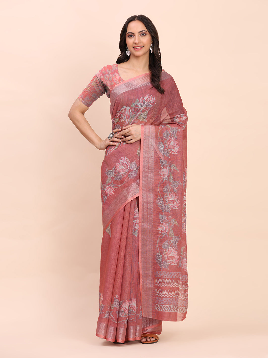 Rust Cotton Cotton Saree with Tribal Floral Print | Bold Ethnic Design | Lightweight Casual & Festive Saree for Women