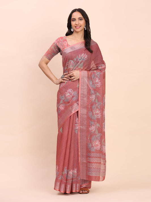Rust Cotton Cotton Saree with Tribal Floral Print | Bold Ethnic Design | Lightweight Casual & Festive Saree for Women