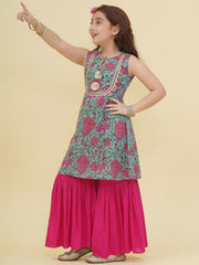 Girls Blue Floral Printed Kurta with Sharara