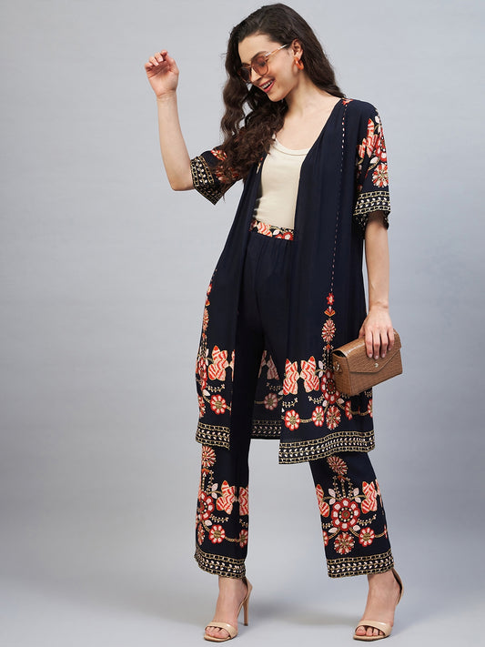 Women's Rayon Printed Shrug & Trouser Co-Ord Set( inner not included)