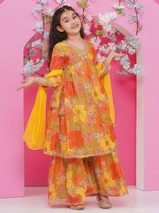 Girls Yellow Floral Printed Alia Design Kurta With Sharara With dupatta