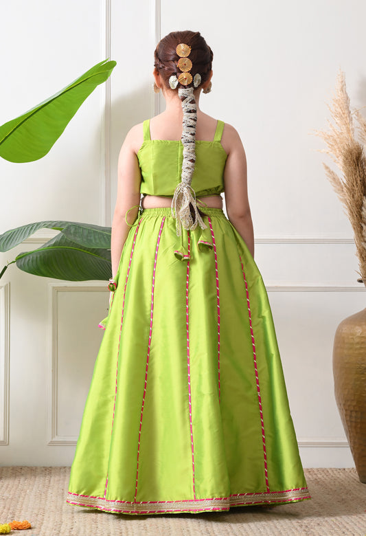 Girls Green Mirror Work Lehenga Choli Set with Dupatta Festive Ethnic Wear
