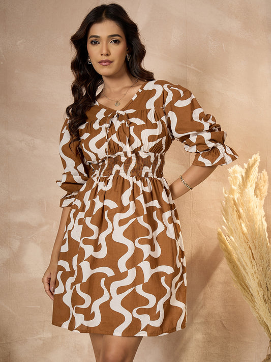 StyleStone Women's Cotton Brown Abstract Printed Dress