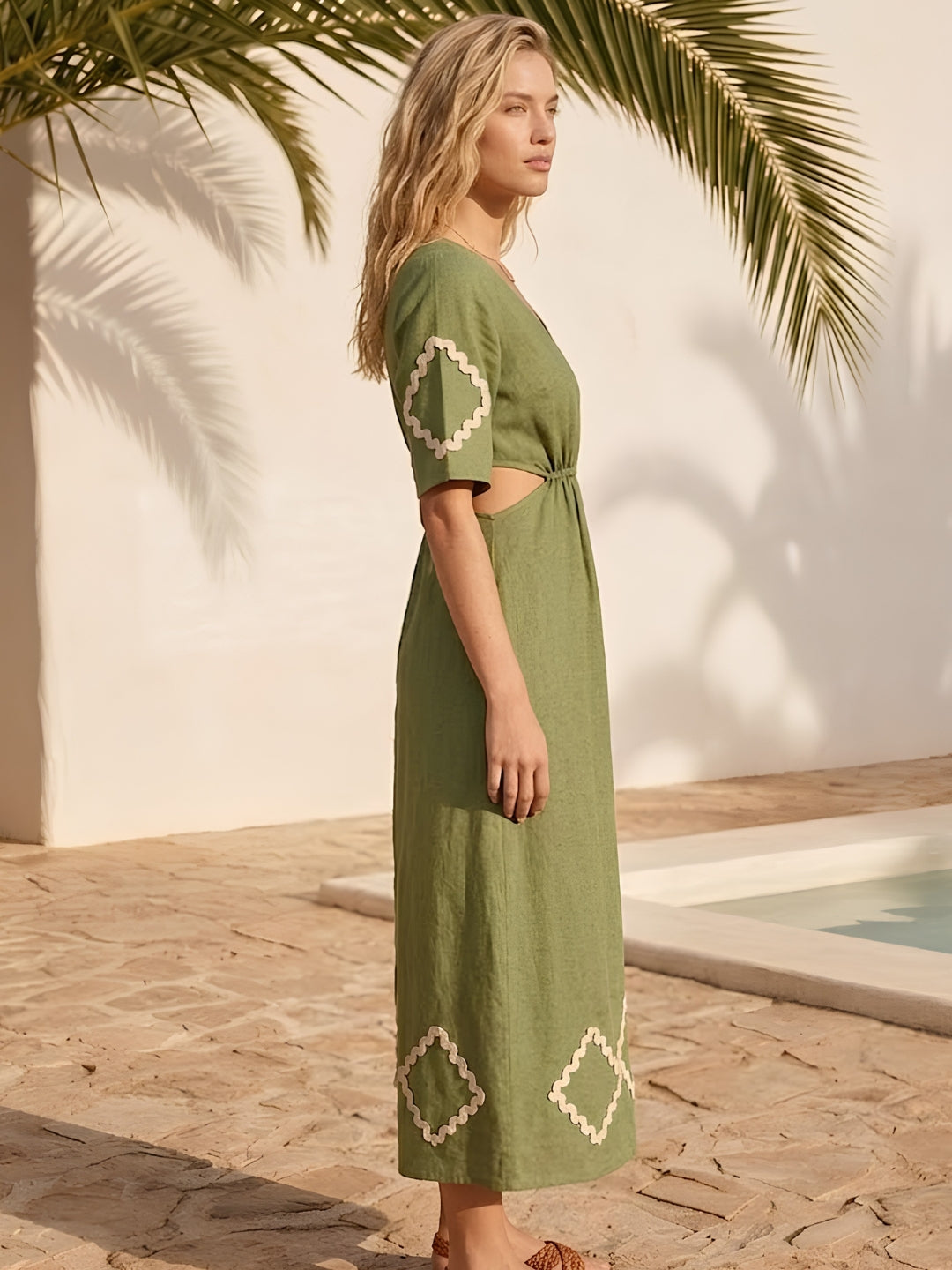 Puff Sleeve Linen A-Line Midi Dress-ADR-19830A