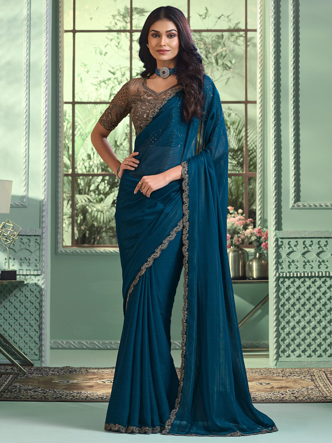 Women's Georgette Teal blue Embellished Designer Saree With Blouse Piece