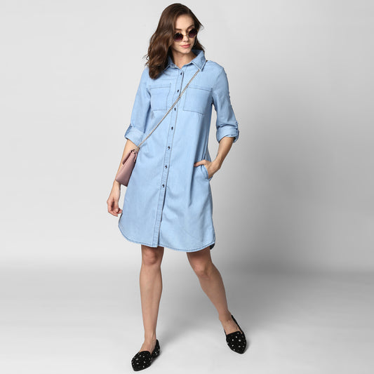 StyleStone Women's Light Blue Denim Double Pocket Double Flap Dress
