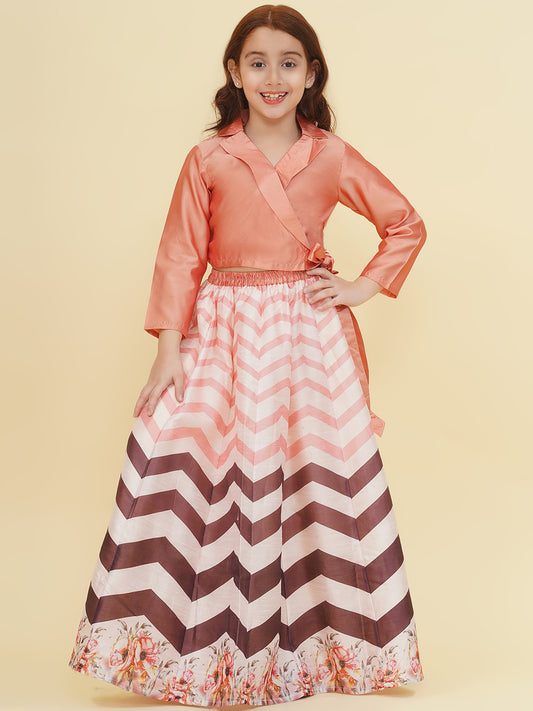 Girls Peach & Brown Zig Zag Flower Digital Print Choli Ready to wear Lehenga
