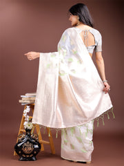 Elegant White & Light Green Leaf Print Cotton Saree for Women with Zari Border & Tassels – Soft & Lightweight Daily Wear Saree