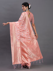 Sky Blue Linen Cotton Saree with Silver Zari Weave & Tassels – Festive & Elegant Office Wear